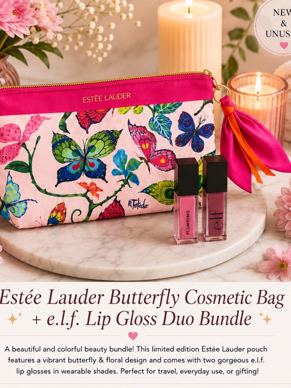 Estee Lauder Butterfly Cosmetic Bag + e.l.f. Lip Gloss Duo Bundle NEW - Picture 2 of 2